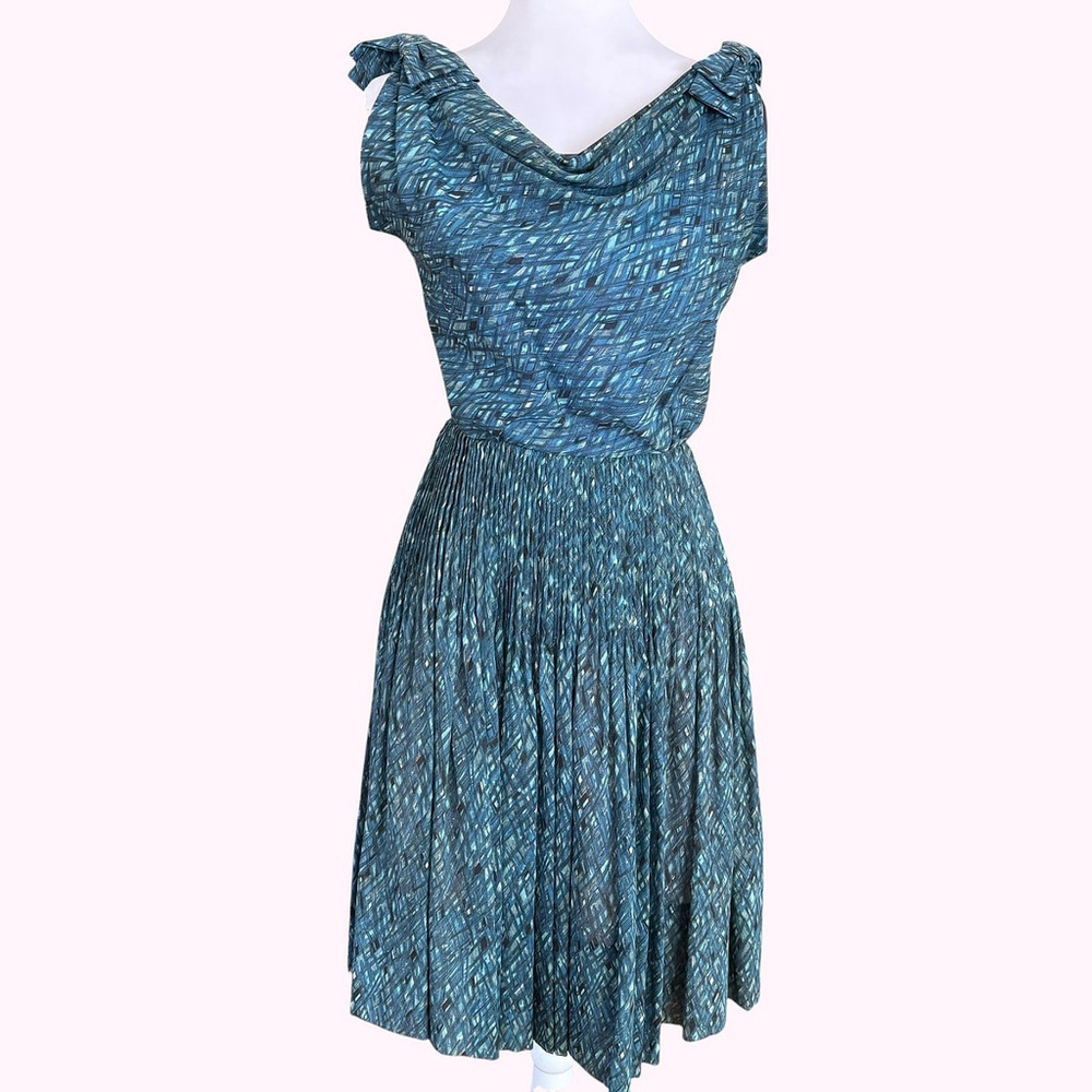 Vintage Blue Geometric Print Draped Neckline Swing Dress